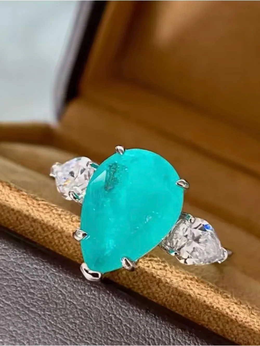 NEW Pear Paraiba Tourmaline CZ Sterling Silver Teardrop Blue/Green Gemstone Ring